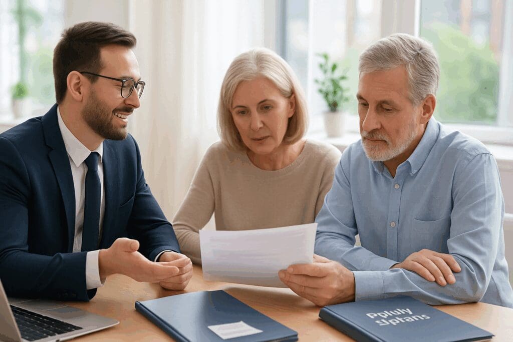 Financial advisor meeting with older couple to review documents about the cost of long term care in a bright, professional office.

