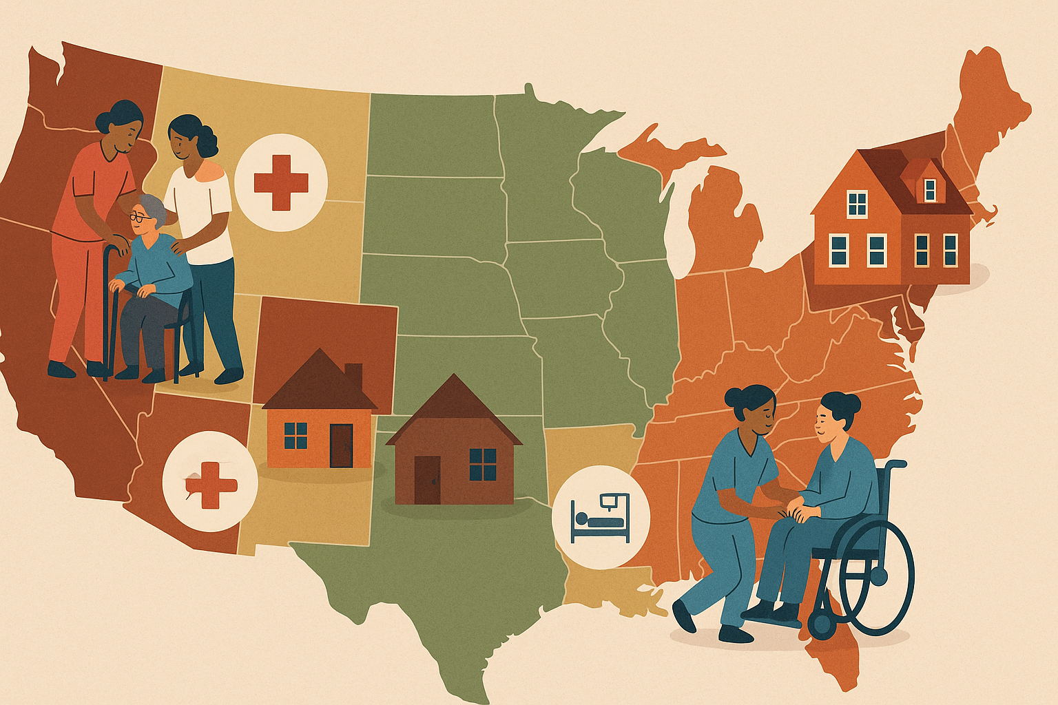 Stylized U.S. map showing regional differences in the cost of long term care with illustrated homes, caregivers, and health icons.

