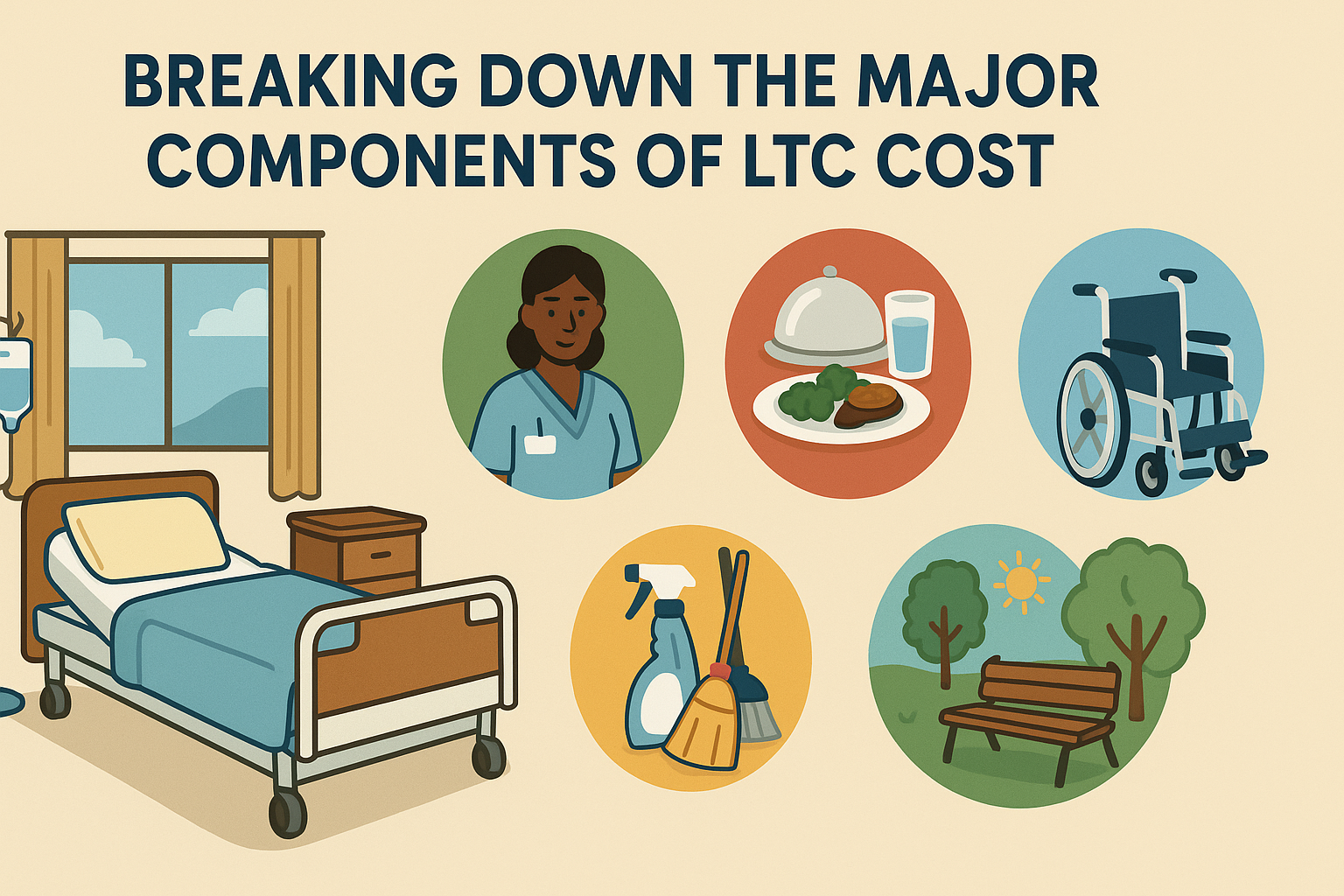 Infographic showing the cost of long term care with icons for medical support, meals, housing, cleaning, and recreation