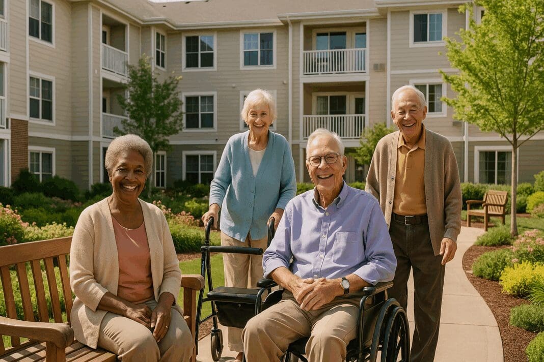 Smiling seniors in a wheelchair-accessible courtyard at affordable rental properties for seniors on a sunny day