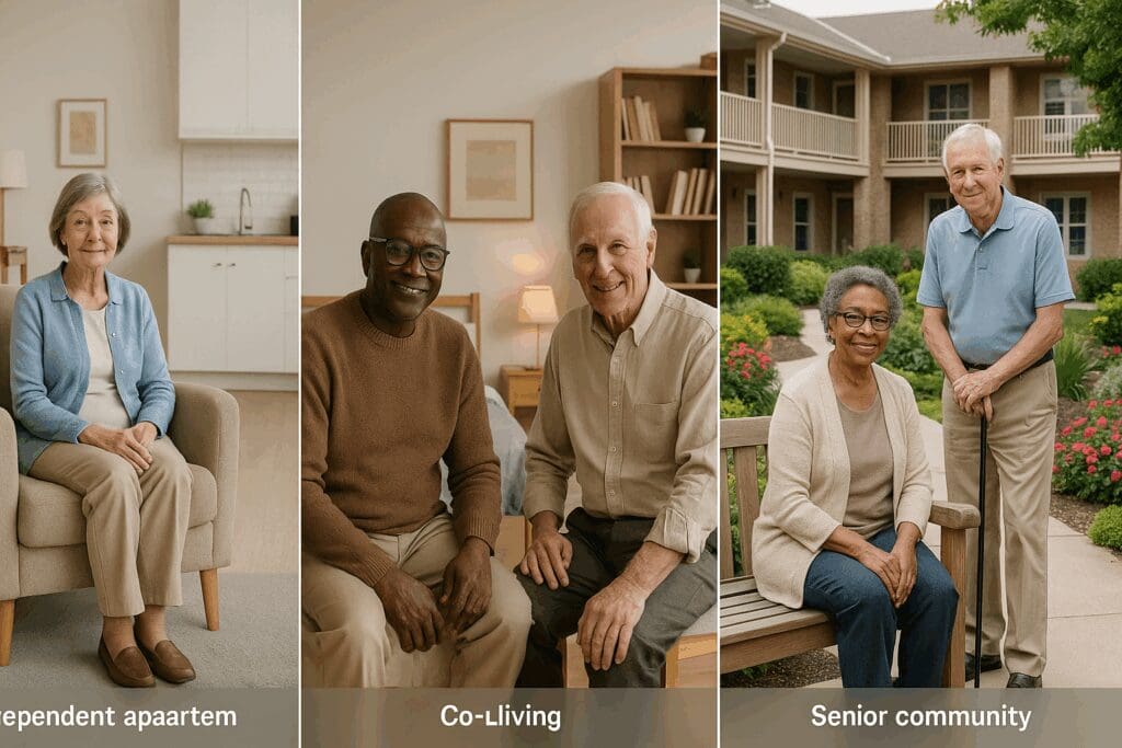 Side-by-side view of affordable rental properties for seniors, including an independent living apartment, a shared co-living space, and a garden courtyard in a senior community.

