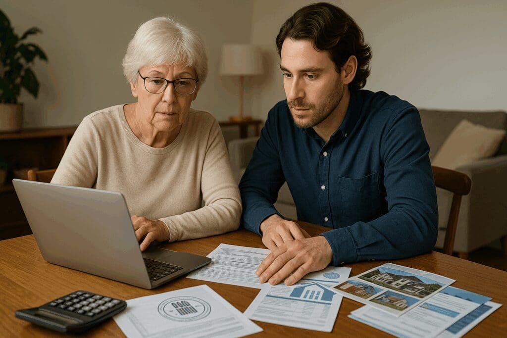 Senior woman reviewing affordable rental properties for seniors with a family member, laptop and housing documents on table.

