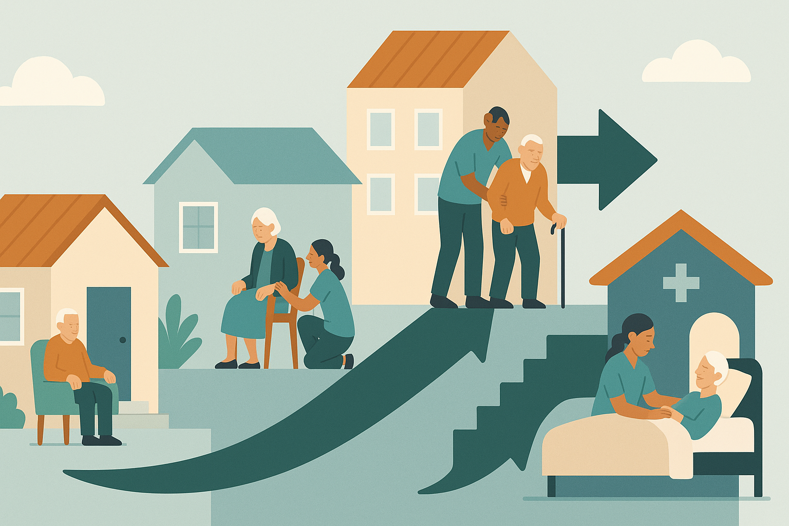 Infographic-style illustration showing stages of care within affordable rental properties for seniors, from independent living to hospice.