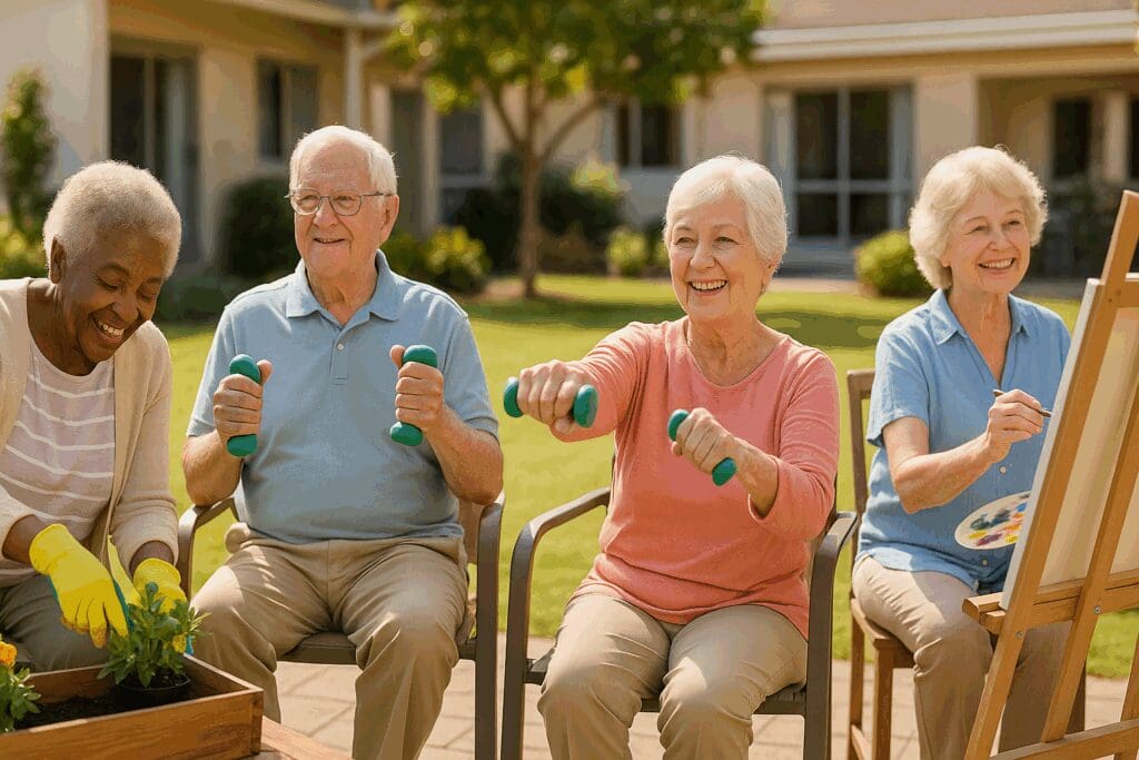 Seniors enjoying group gardening, painting, and light exercise outdoors at affordable rental properties for seniors

