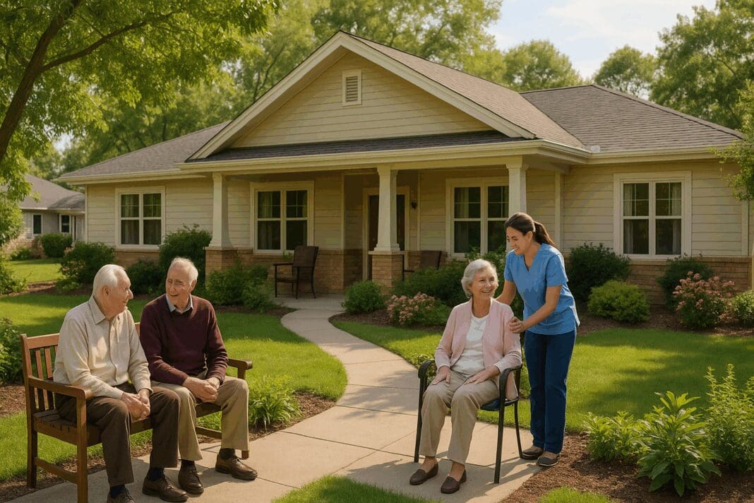 Seniors socializing in the garden of one of the residential care homes near me, with a caregiver assisting outdoors in a peaceful suburban setting.