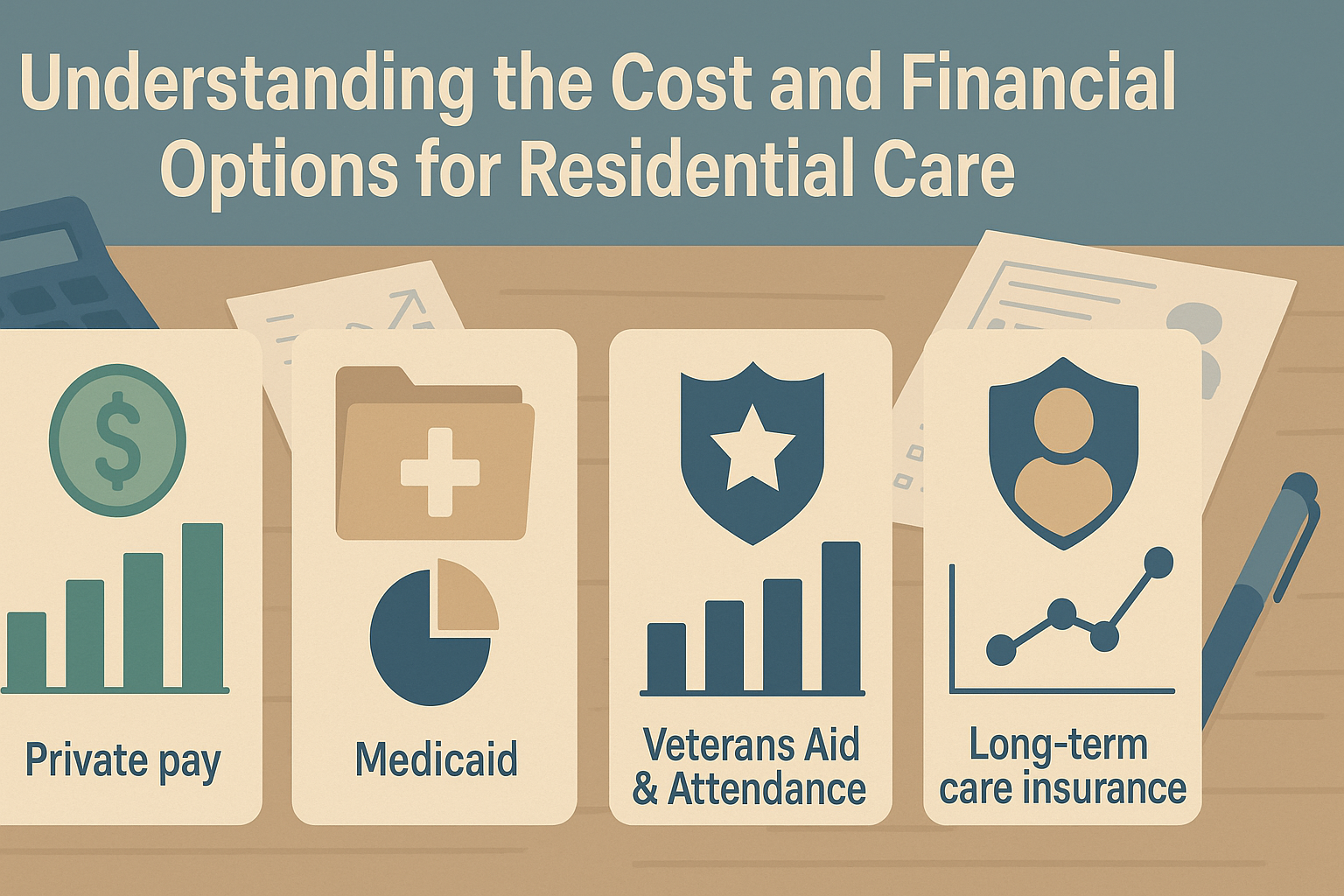 Infographic comparing payment options for residential care homes near me, with icons for Medicaid, private pay, veterans benefits, and long-term care insurance on a desk with financial tools.