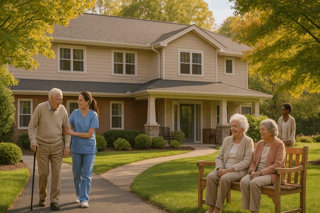 Elderly residents and caregivers outside a residential treatment center, walking and sitting peacefully in a calm, nature-filled setting.