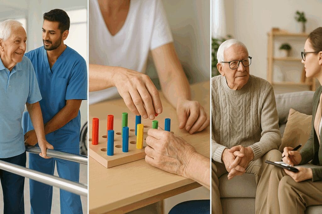 Senior receiving physical therapy, occupational therapy with hand tools, and one-on-one counseling in a residential treatment center.

