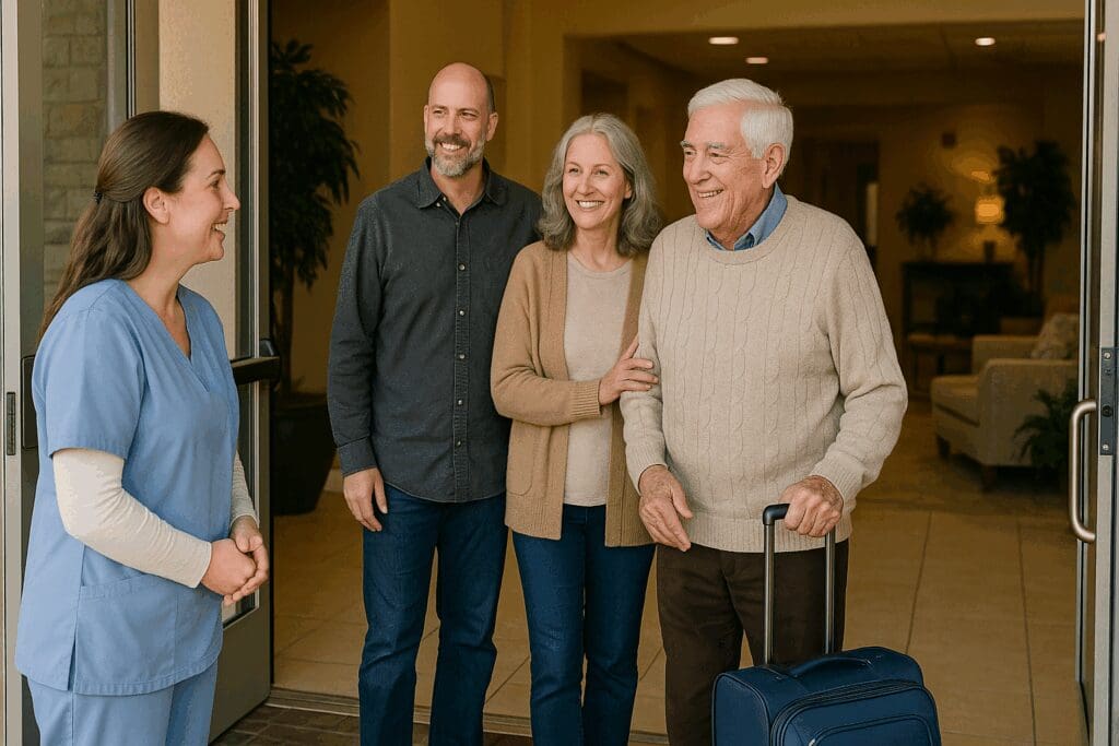Senior man arriving at a residential treatment center with family, greeted warmly by intake nurse at facility entrance

