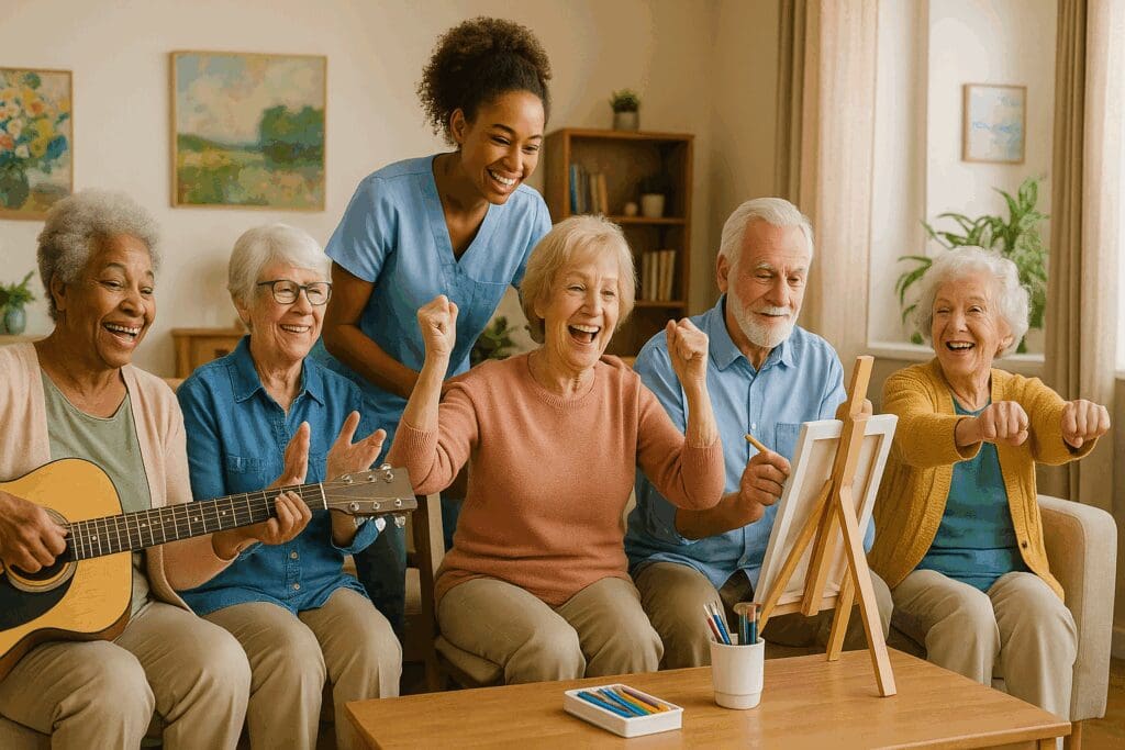 Senior residents in a residential treatment center enjoying group activities with staff support in a bright, home-like community room.

