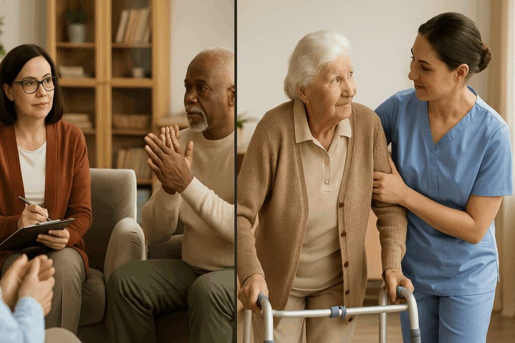 Split-screen showing a residential treatment center therapy session and assisted living caregiver helping a senior woman walk.

