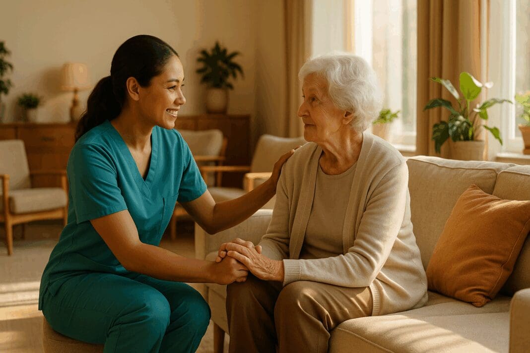 Caregiver supporting elderly woman in a sunlit senior lounge at one of the best respite care facilities near me