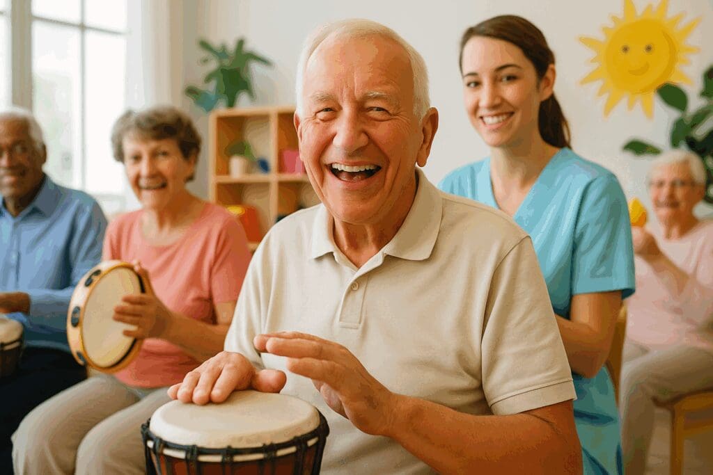 Elderly man smiling during music therapy with caregiver at bright, engaging respite care facilities near me

