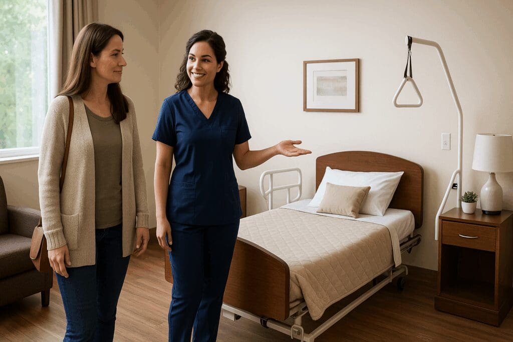 Family member touring a private room with a nurse at one of the top-rated respite care facilities near me, showcasing comfort and medical safety features.

