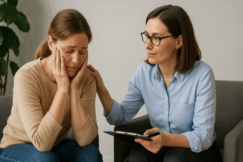 Caregiver receiving emotional support from a counselor during a private session at respite care facilities near me

