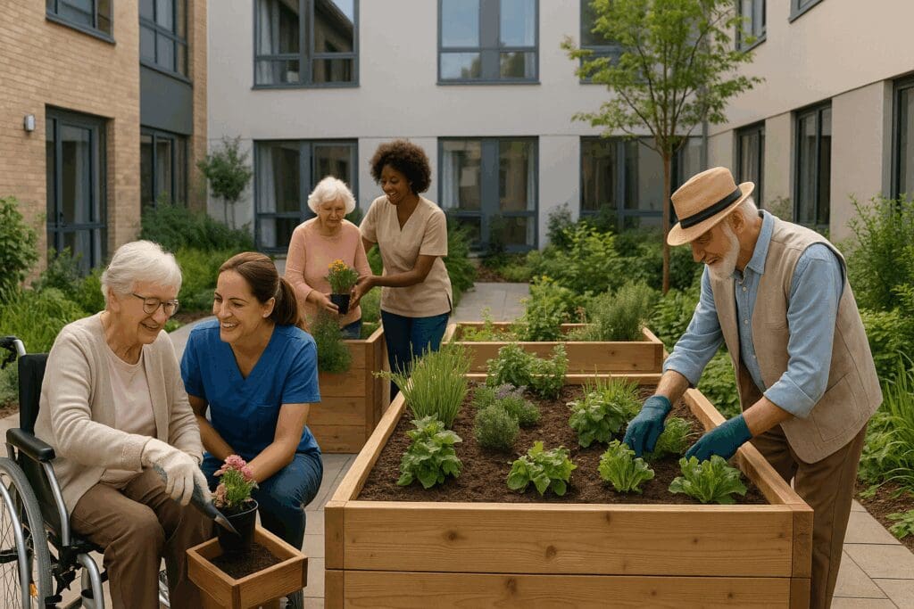 Seniors and caregivers gardening together in a sunny courtyard at modern respite care facilities near me

