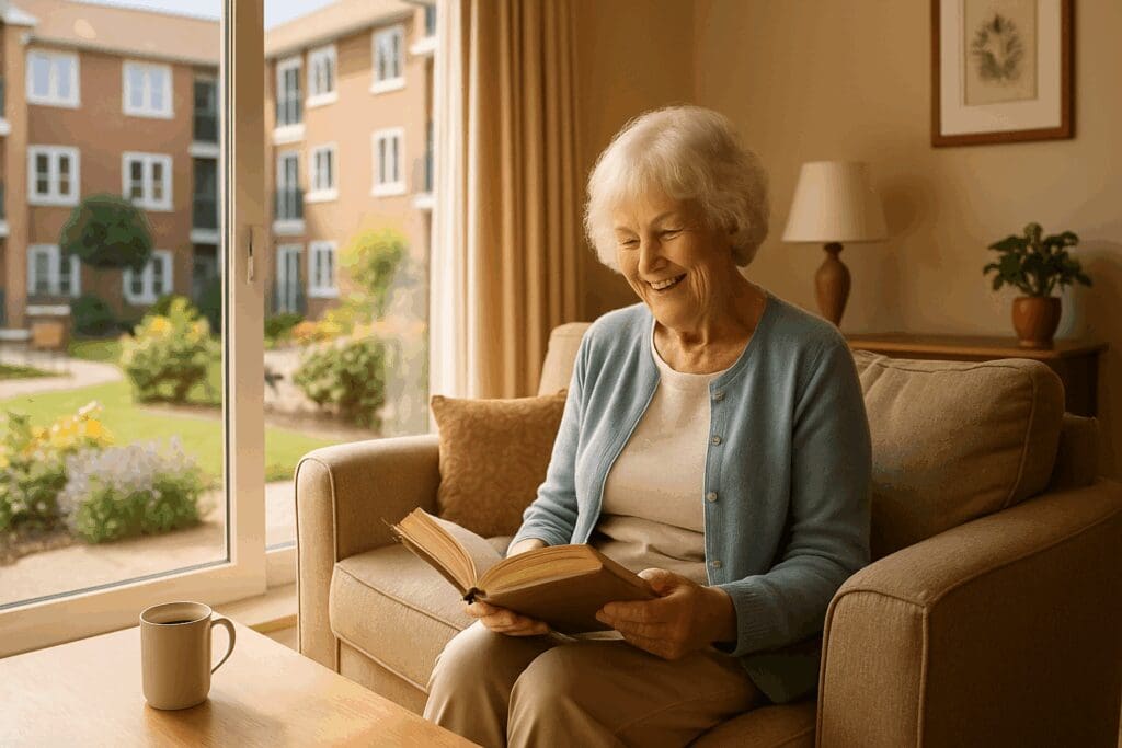 Cheerful senior woman reading in a sunny living room overlooking a courtyard in retirement apartment communities

