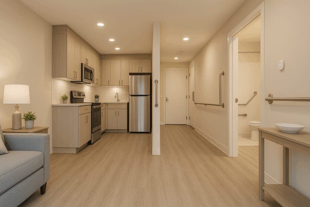 Modern interior of senior housing with wide hallways, non-slip floors, and grab bars, designed for retirement apartment communities.

