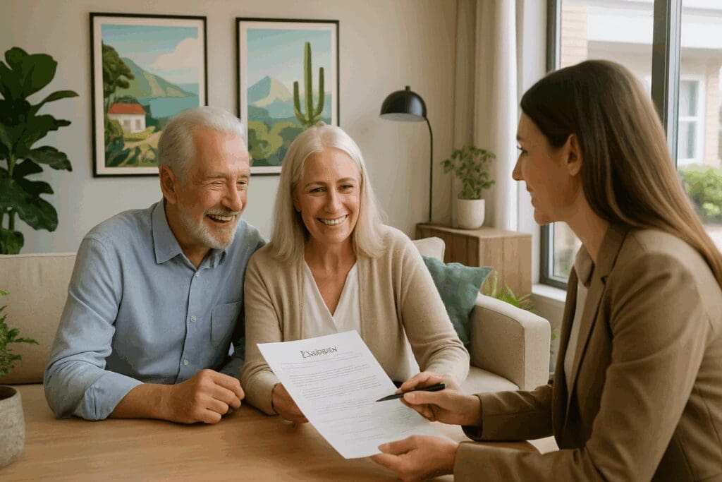 Smiling senior couple reviewing lease documents with a leasing agent in a modern office at retirement apartment communities.

