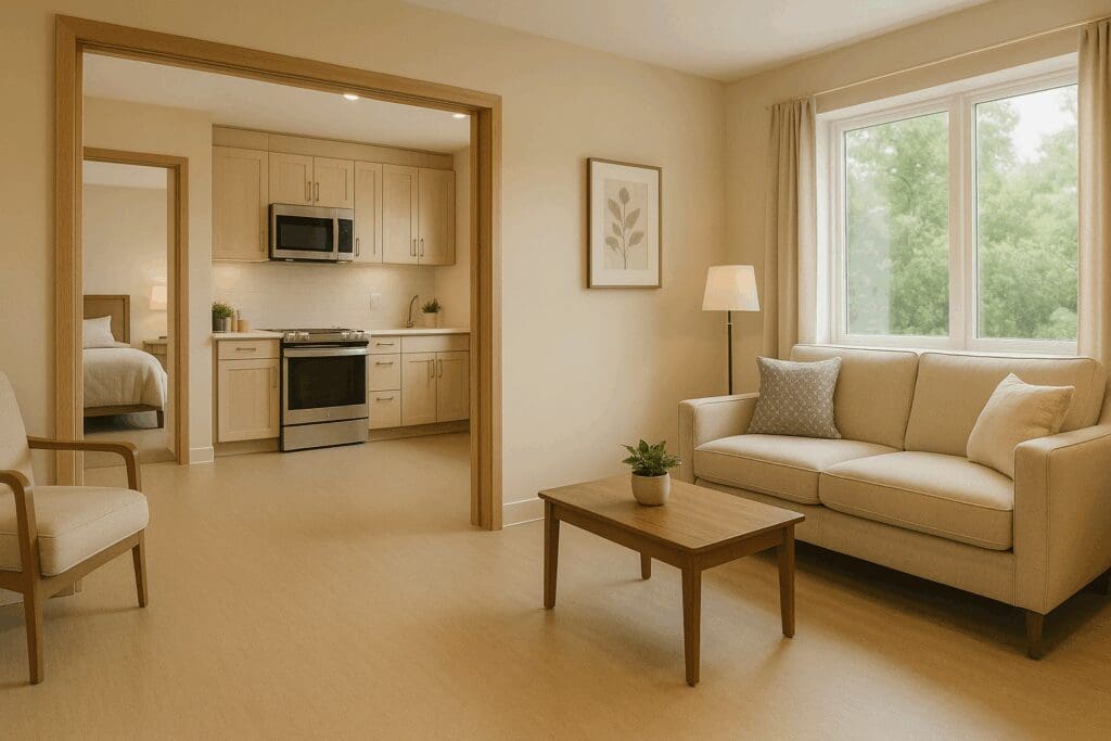 Modern interior of accessible housing in senior apartment complexes near me, featuring wide doorways, anti-slip floors, and a bright, open kitchen.

