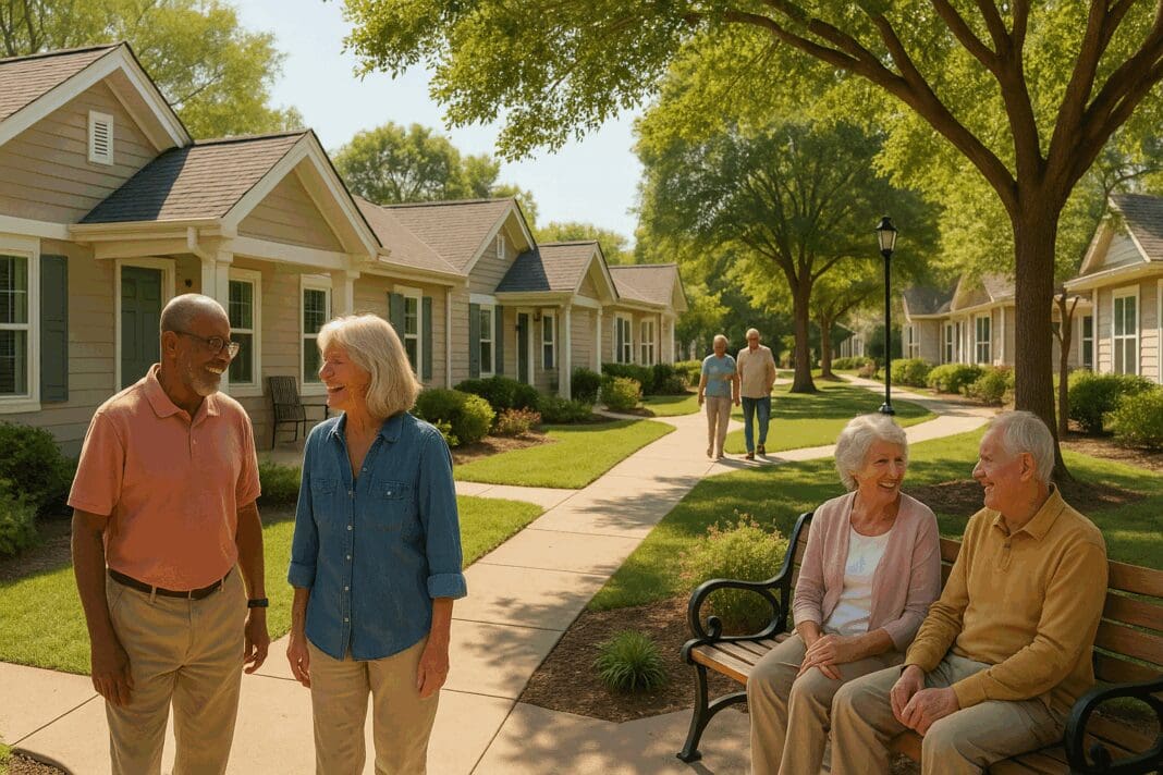 Cottage-style rental homes for seniors with mature landscaping, walking paths, and smiling older adults enjoying the outdoors