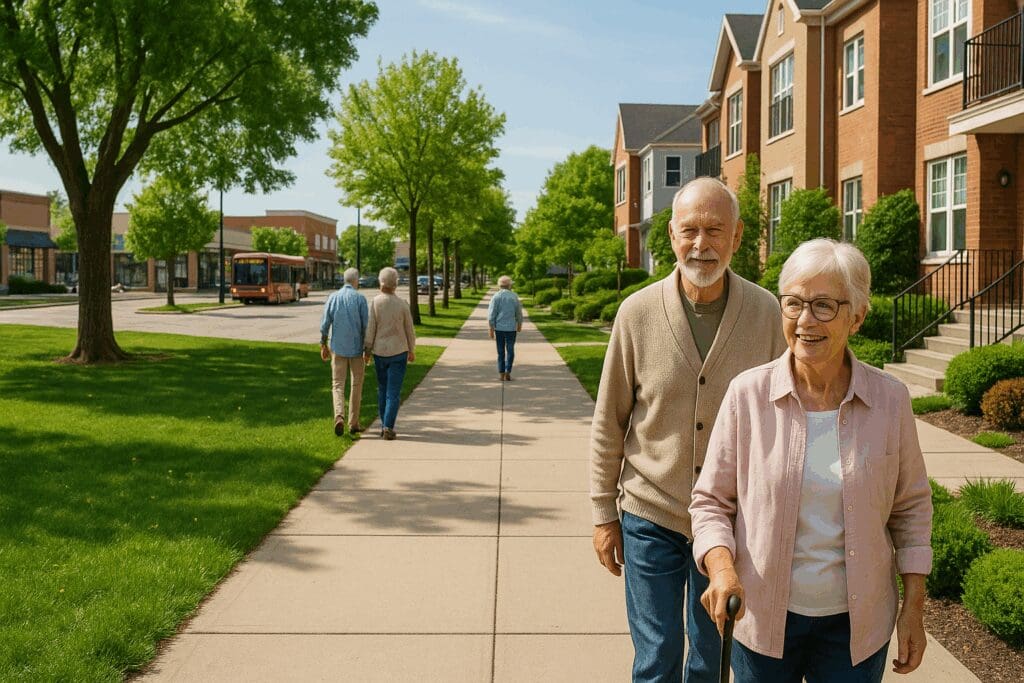 Elderly residents walking on wide sidewalks in a walkable neighborhood with parks, shops, and transit access—ideal for senior apartment complexes near me.

