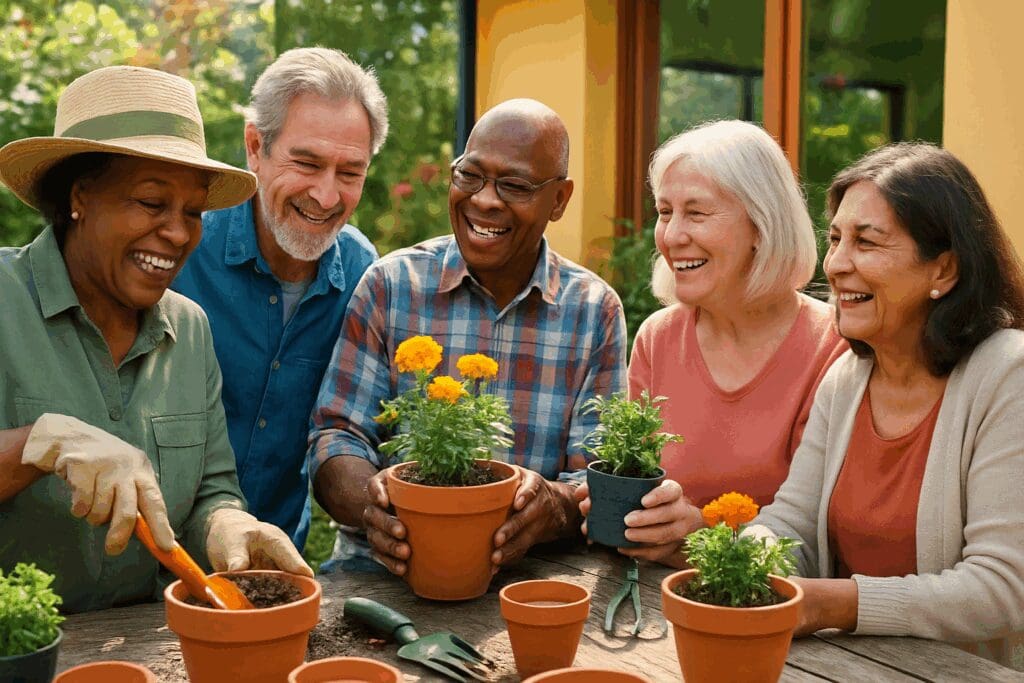 Diverse seniors smiling and gardening together at a community event in one of the senior apartment complexes near me

