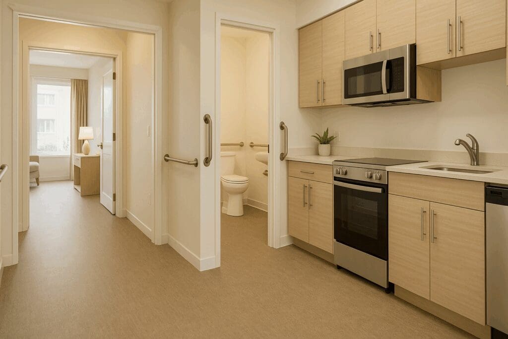 Accessible interior of rental homes for seniors with wide doorways, grab bars, non-slip floors, and modern kitchen appliances

