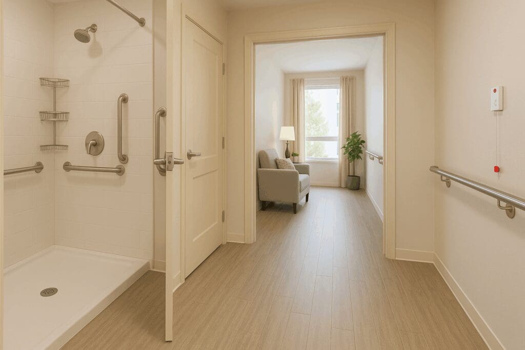 Modern interior of a safe and accessible living space featured in senior apartment complexes near me, with a walk-in shower, grab bars, and emergency alert system.

