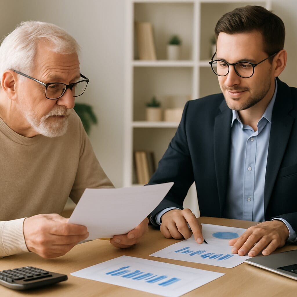 Elderly man meeting with a financial advisor to review documents and charts, planning for affordable rental homes for seniors

