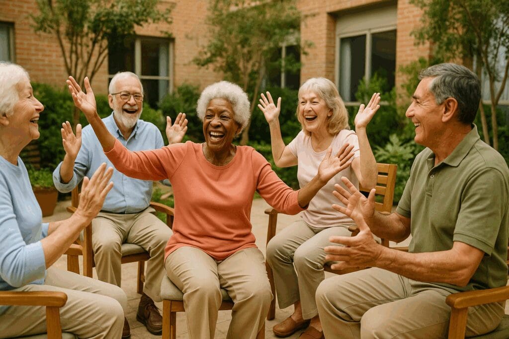 Older adults smiling and raising their arms together during a light group exercise in the courtyard of rental homes for seniors

