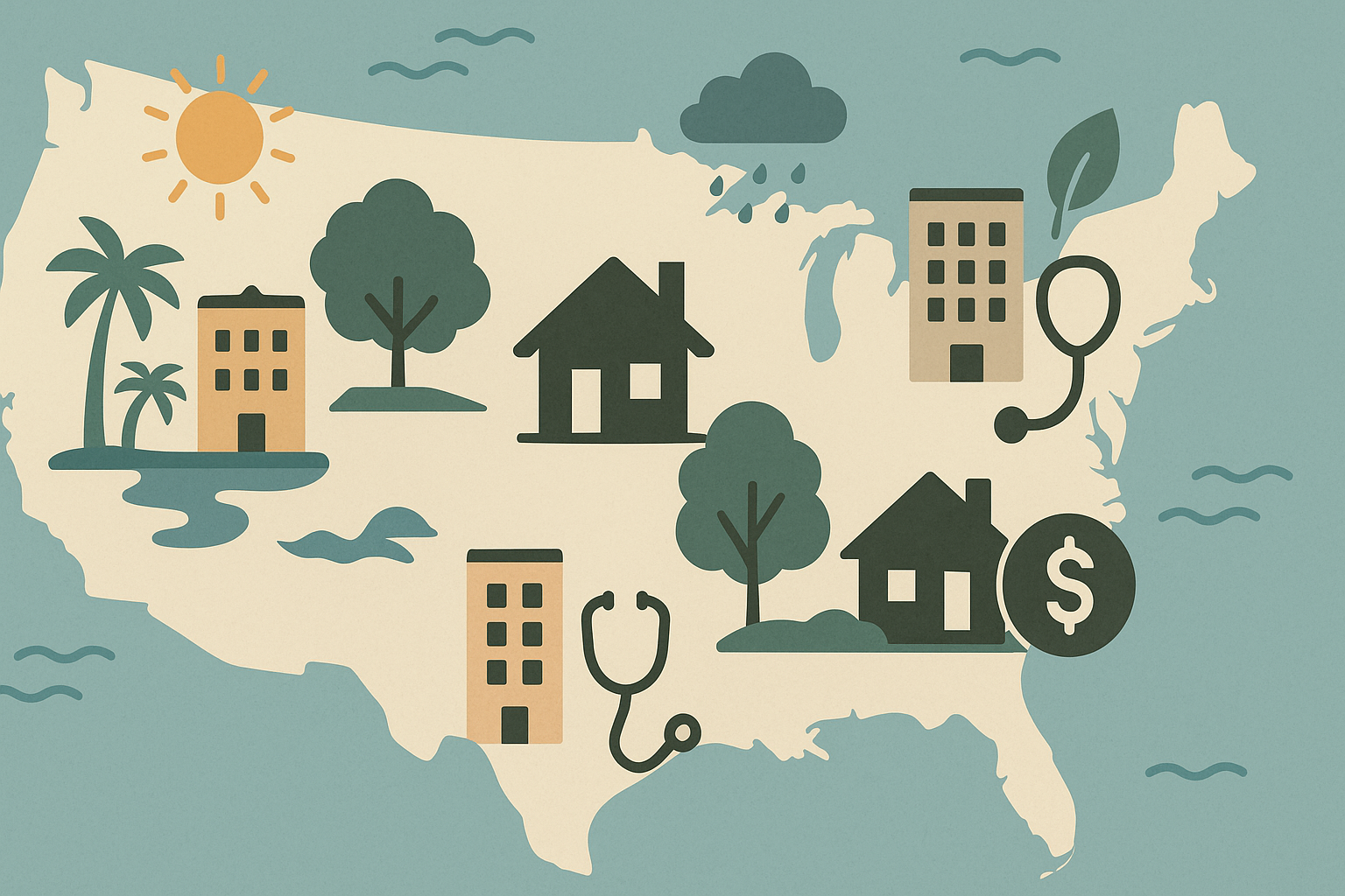 U.S. map infographic showing regional differences in rental homes for seniors, including climate, affordability, and healthcare access icons