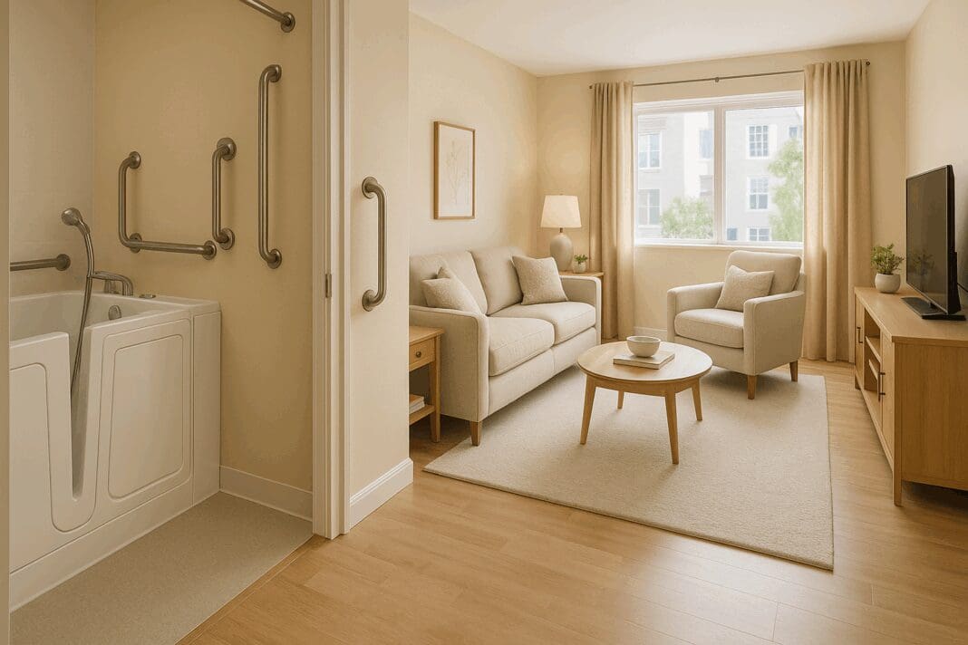 Bright living room and accessible bathroom in two bedroom senior apartments with bathtubs, grab bars, and cozy furniture.