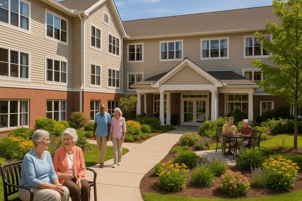 Welcoming senior living community with safe walkways, gardens, and amenities ideal for two bedroom senior apartments with bathtubs.