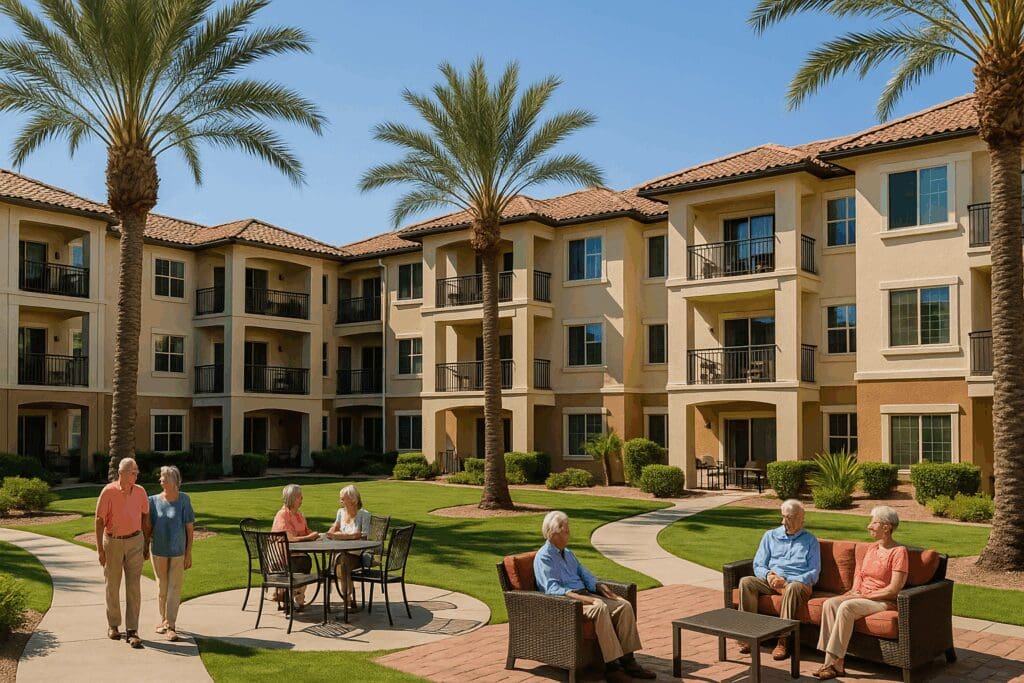 Sunny courtyard at a luxury community featuring two bedroom senior apartments with bathtubs, palm trees, and seniors relaxing outdoors.

