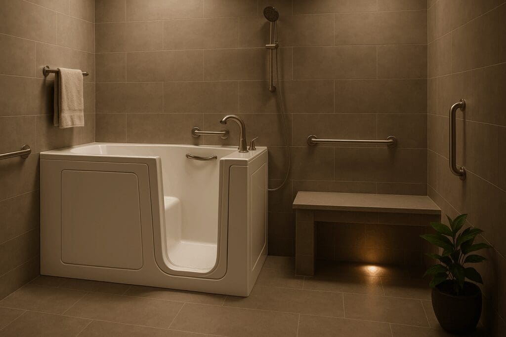 Luxury bathroom in two bedroom senior apartments with bathtubs, featuring a walk-in tub, grab bars, built-in bench, and motion-sensor lighting.