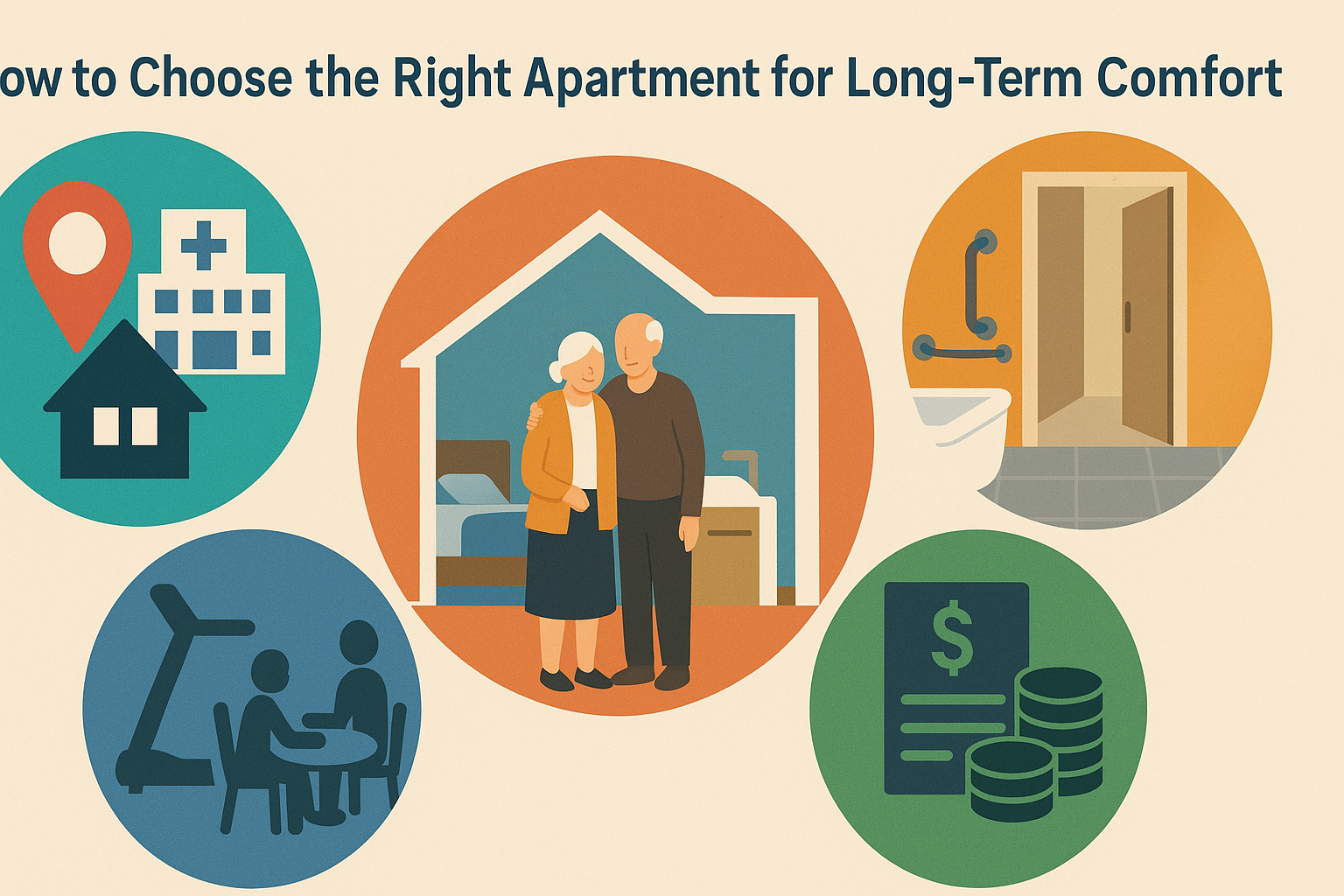 Infographic illustrating key factors to consider when choosing two bedroom senior apartments with bathtubs, including location, accessibility, amenities, and finances.

