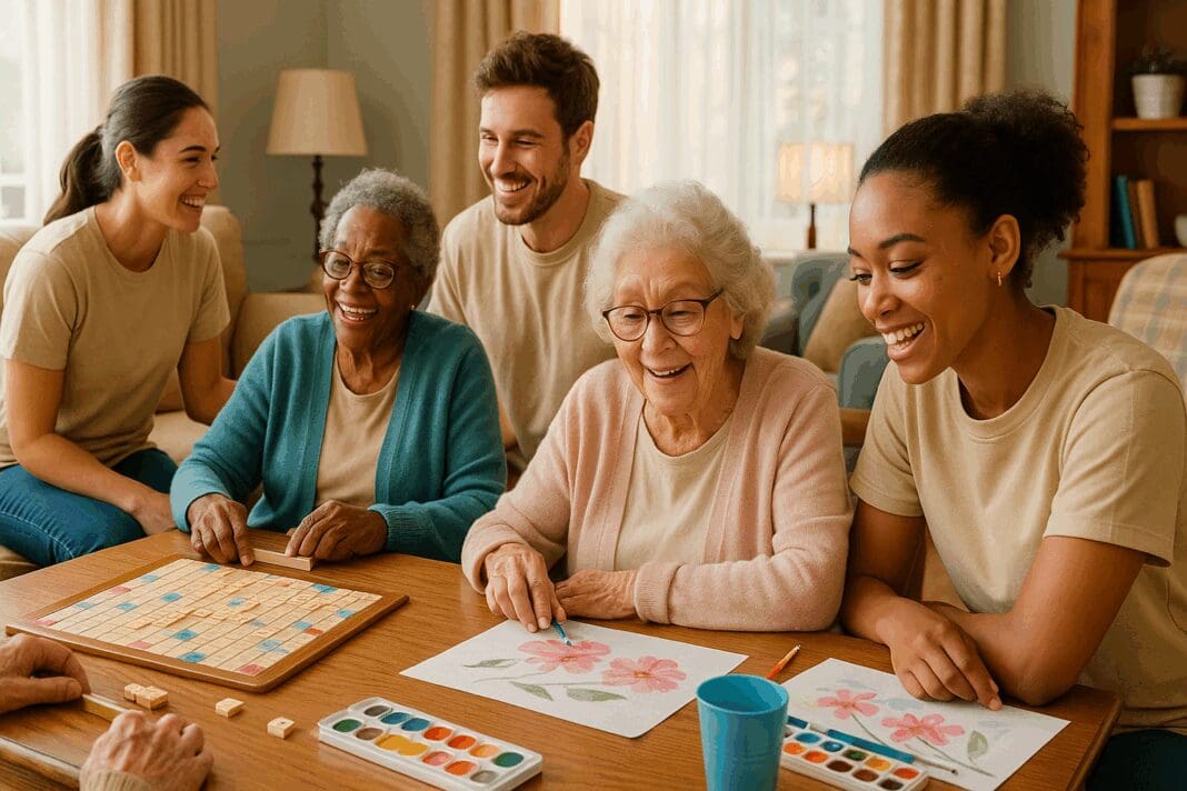 Volunteers engaging in board games and painting activities with elderly residents during volunteer work at senior homes in a bright, cozy living room.