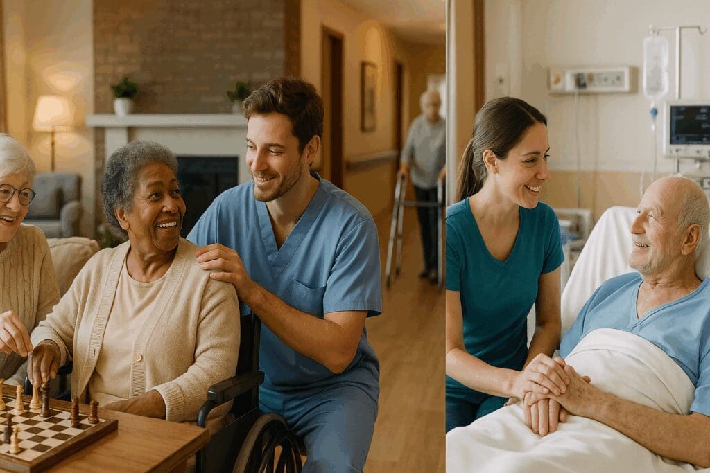 Cozy retirement community common room, assisted living facility with light caregiving, and nursing home with medical support, showing volunteer work at senior homes across different care environments.

