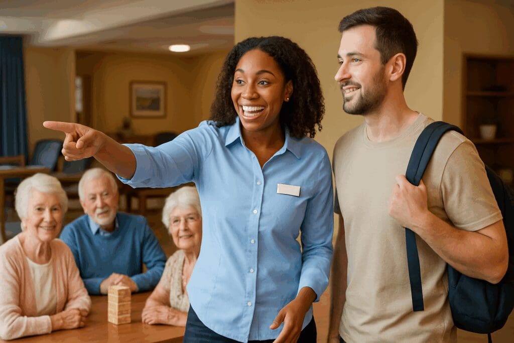 Cheerful volunteer coordinator introducing a potential recruit to residents during volunteer work at senior homes.

