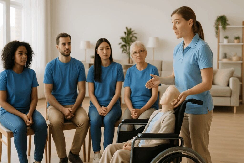 Group of new volunteers learning wheelchair care techniques during an orientation for volunteer work at senior homes.

