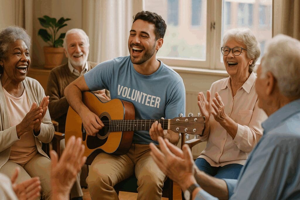 Volunteer work at senior homes featuring a young man playing guitar while elderly residents clap and sing during a joyful music therapy session.