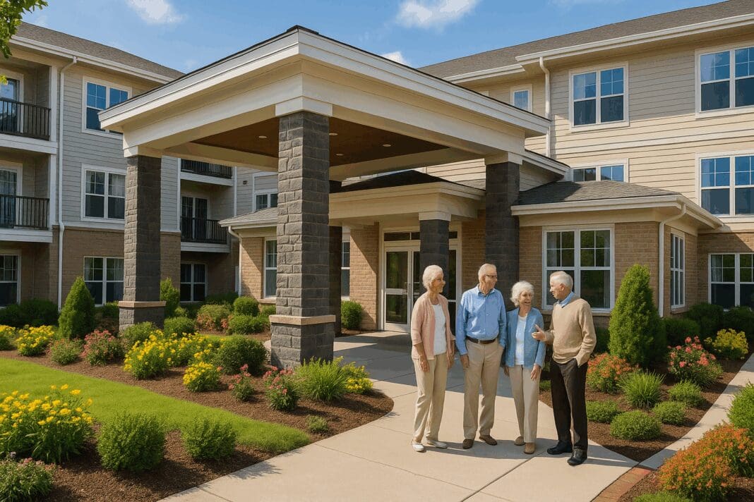 Entrance of a top rated assisted living facilities near me featuring modern architecture, lush landscaping, and elderly residents socializing on a sunny day.