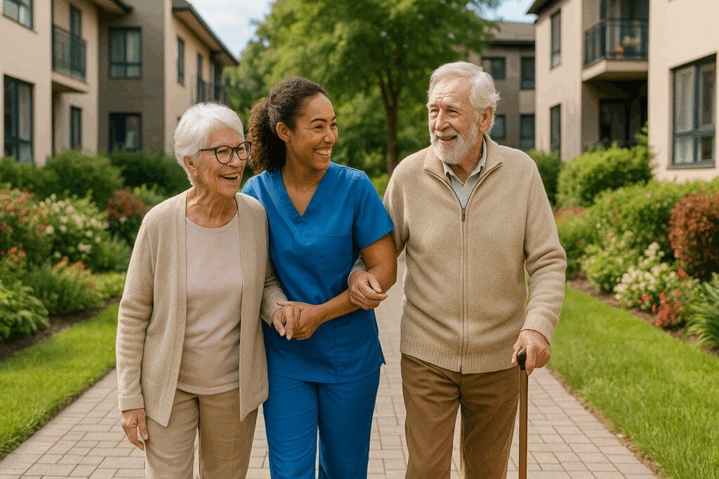 Cheerful caregiver helping an elderly couple walk through a garden path at one of the top rated assisted living facilities near me.

