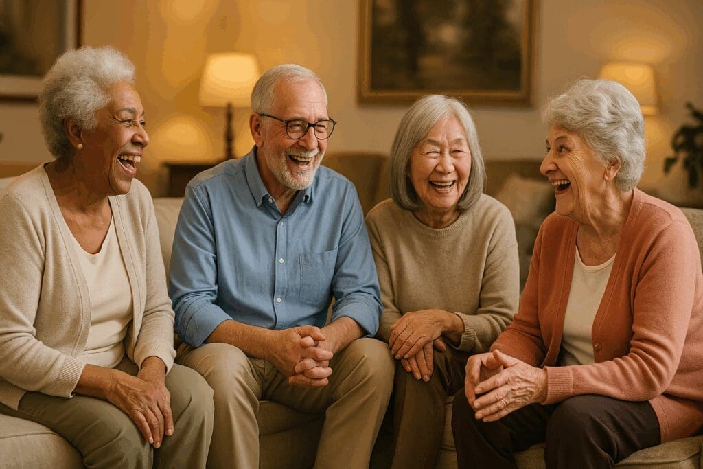 Group of seniors laughing and sharing stories in a cozy lounge, symbolizing vibrant community life at top rated assisted living facilities near me.