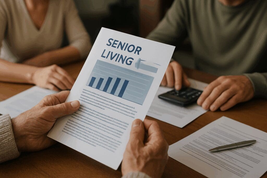 Elderly person holding a financial brochure while discussing top rated assisted living facilities near me with family members at a table.

