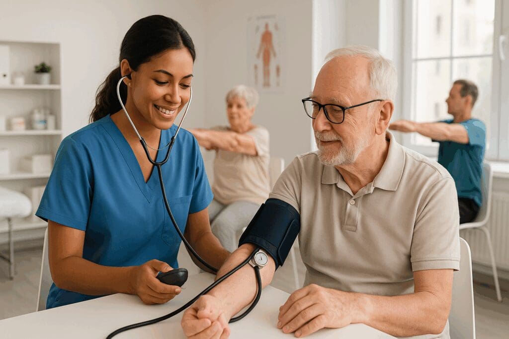 Nurse checking a senior's blood pressure in a wellness clinic at one of the top rated assisted living facilities near me, with another resident exercising in the background.

