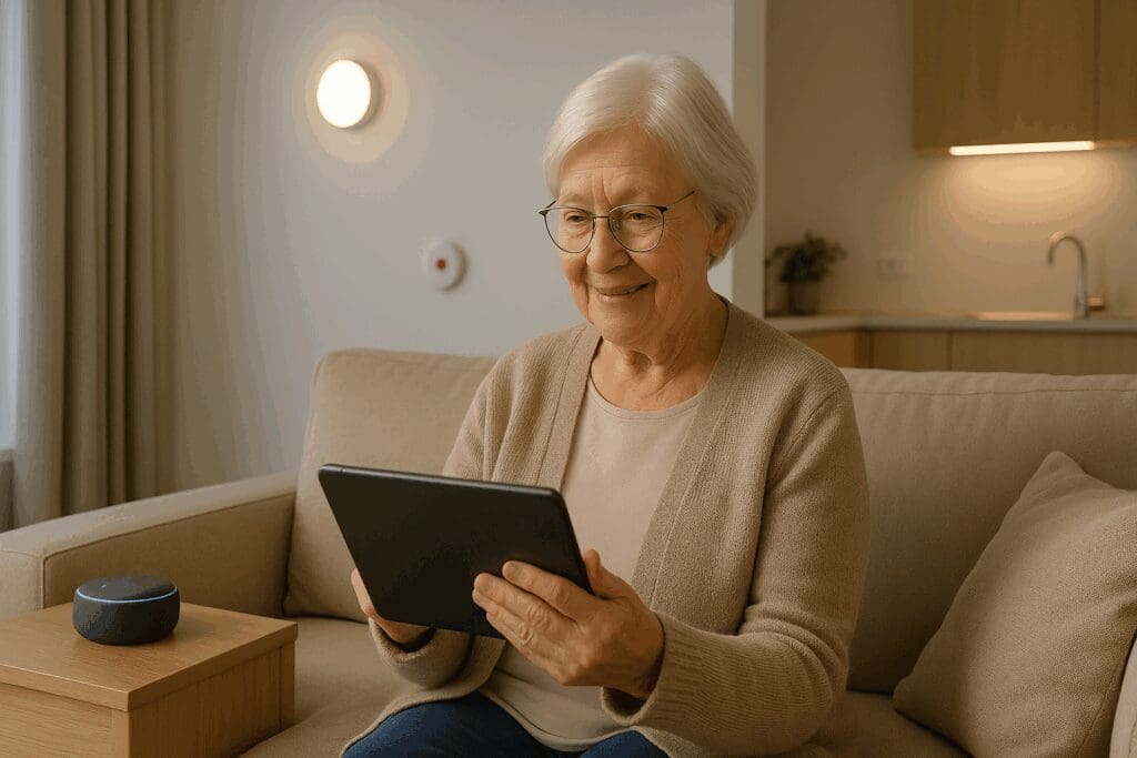 Elderly woman video calling family on a tablet in a smart, cozy apartment at one of the top rated assisted living facilities near me.

