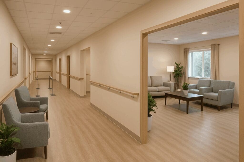 Accessible hallway and cozy communal area inside a senior-focused treatment center nearby, featuring wide hallways, handrails, and natural light.