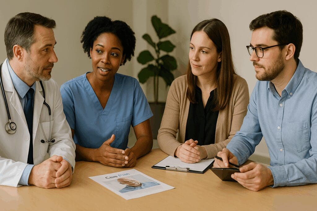 Multidisciplinary team at treatment center nearby collaborating on a senior patient's care plan, including doctor, nurse, therapist, and social worker.

